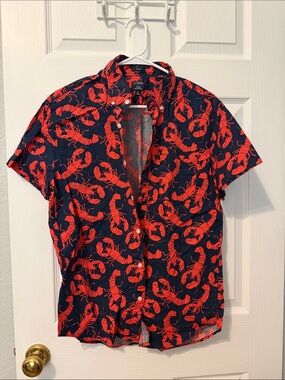 J. Crew Navy Short-Sleeve Button-Down with Red Lobster Print